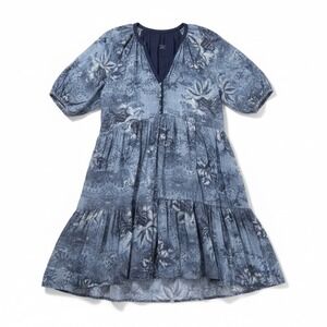 Love Kyla Tiered Midi Dress Large Blue Cotton Floral Block‎ Print Coastal Boho